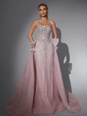 Glamorous Elegant Blush Pink Embellished Evening Gown Couture XL (Fits 12–14)